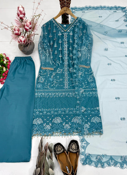 Designer Heavy Soft Net Sharara Suit Set with Pearl Handwork Dupatta