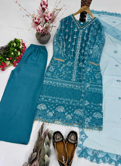 Designer Heavy Soft Net Sharara Suit Set with Pearl Handwork Dupatta