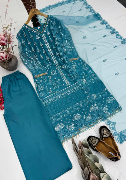 Designer Heavy Soft Net Sharara Suit Set with Pearl Handwork Dupatta
