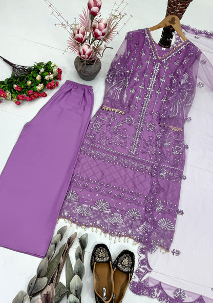 Designer Heavy Soft Net Sharara Suit Set with Pearl Handwork Dupatta