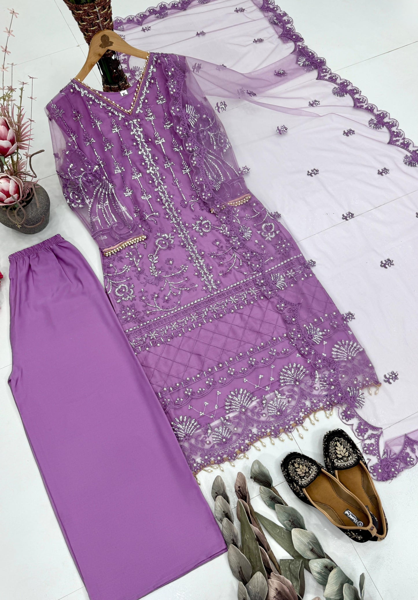 Designer Heavy Soft Net Sharara Suit Set with Pearl Handwork Dupatta