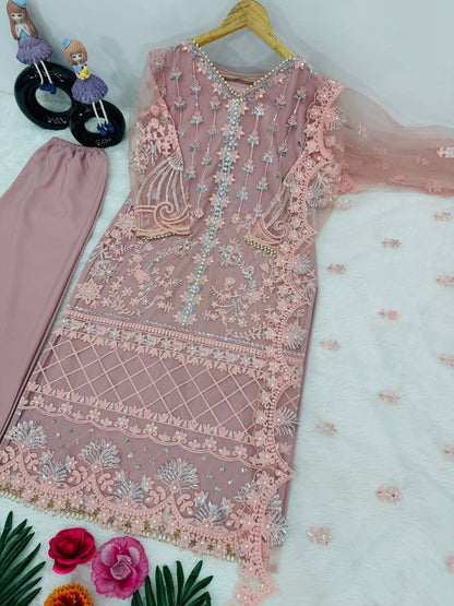 Designer Heavy Soft Net Sharara Suit Set with Pearl Handwork Dupatta