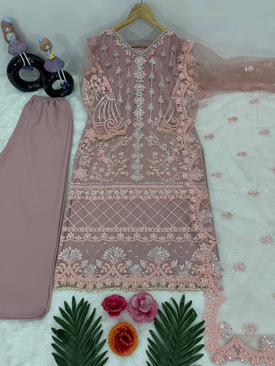 Designer Heavy Soft Net Sharara Suit Set with Pearl Handwork Dupatta