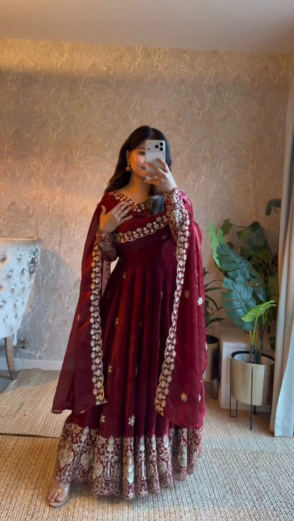 Fendy Silk Anarkali Set with Thread & Sequence Work Dupatta