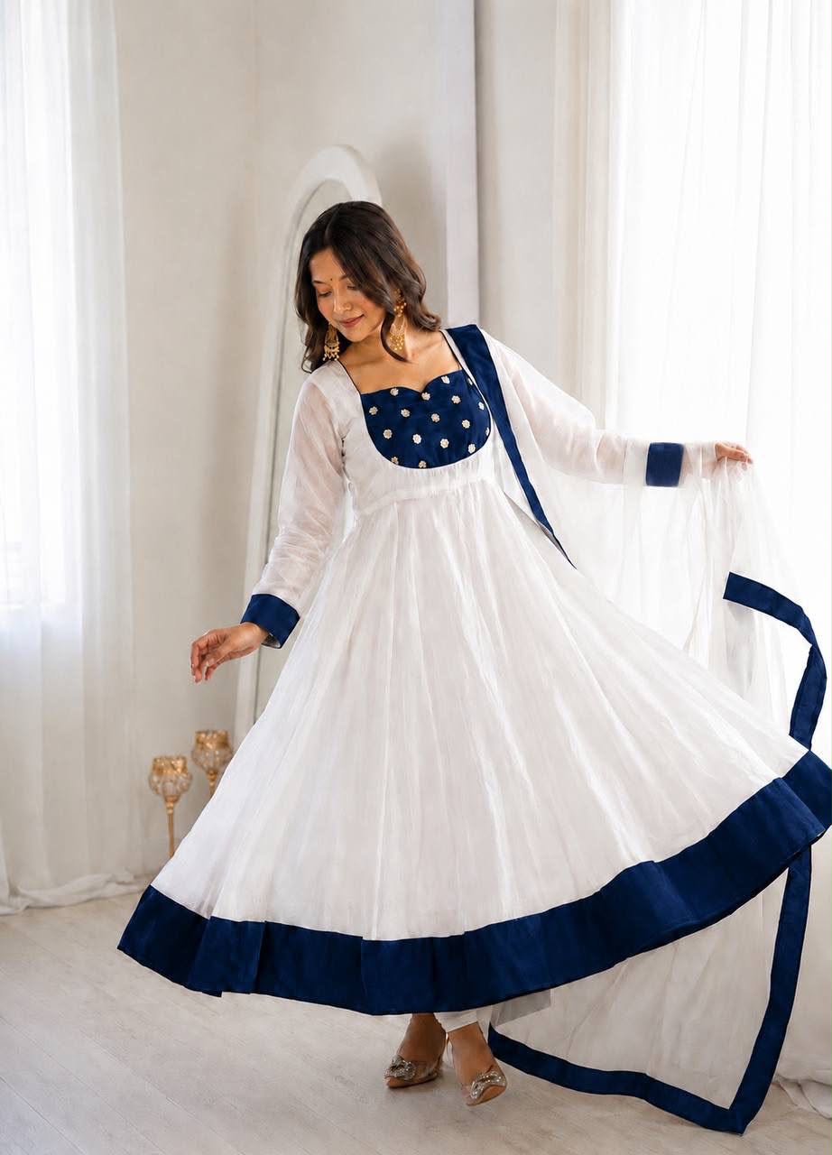 Heavy Fendy Silk Embroidered Anarkali Gown Set with Bottom & Dupatta