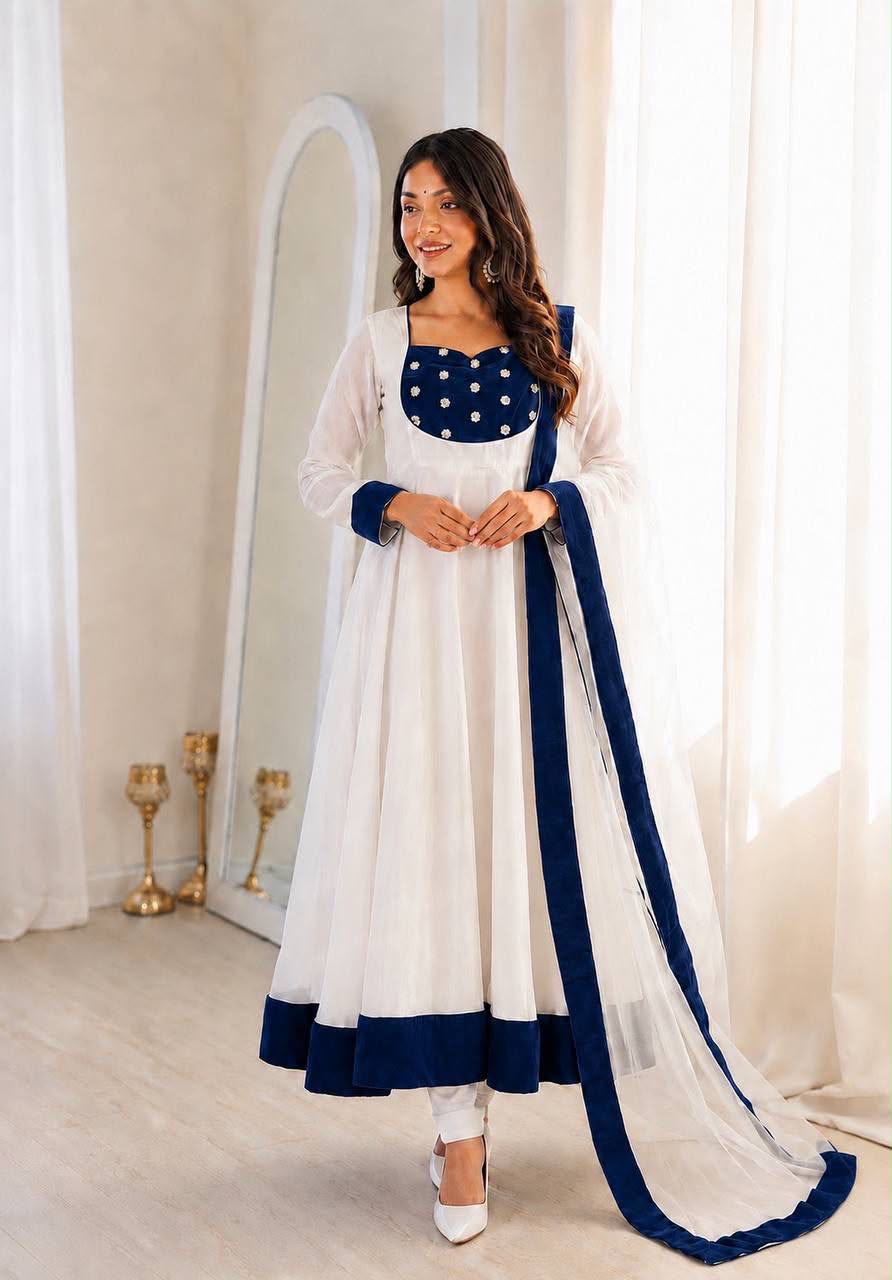 Heavy Fendy Silk Embroidered Anarkali Gown Set with Bottom & Dupatta