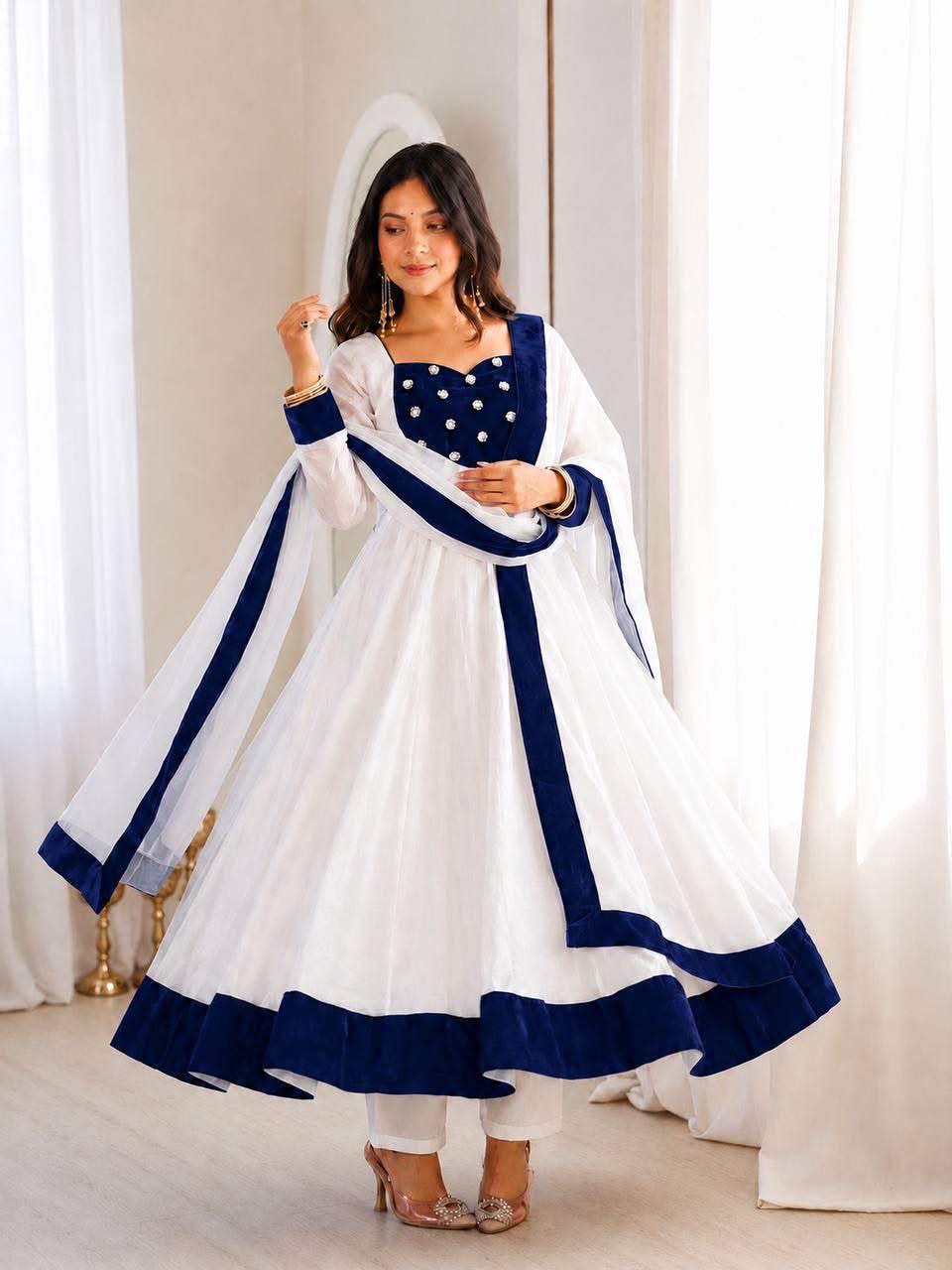 Heavy Fendy Silk Embroidered Anarkali Gown Set with Bottom & Dupatta