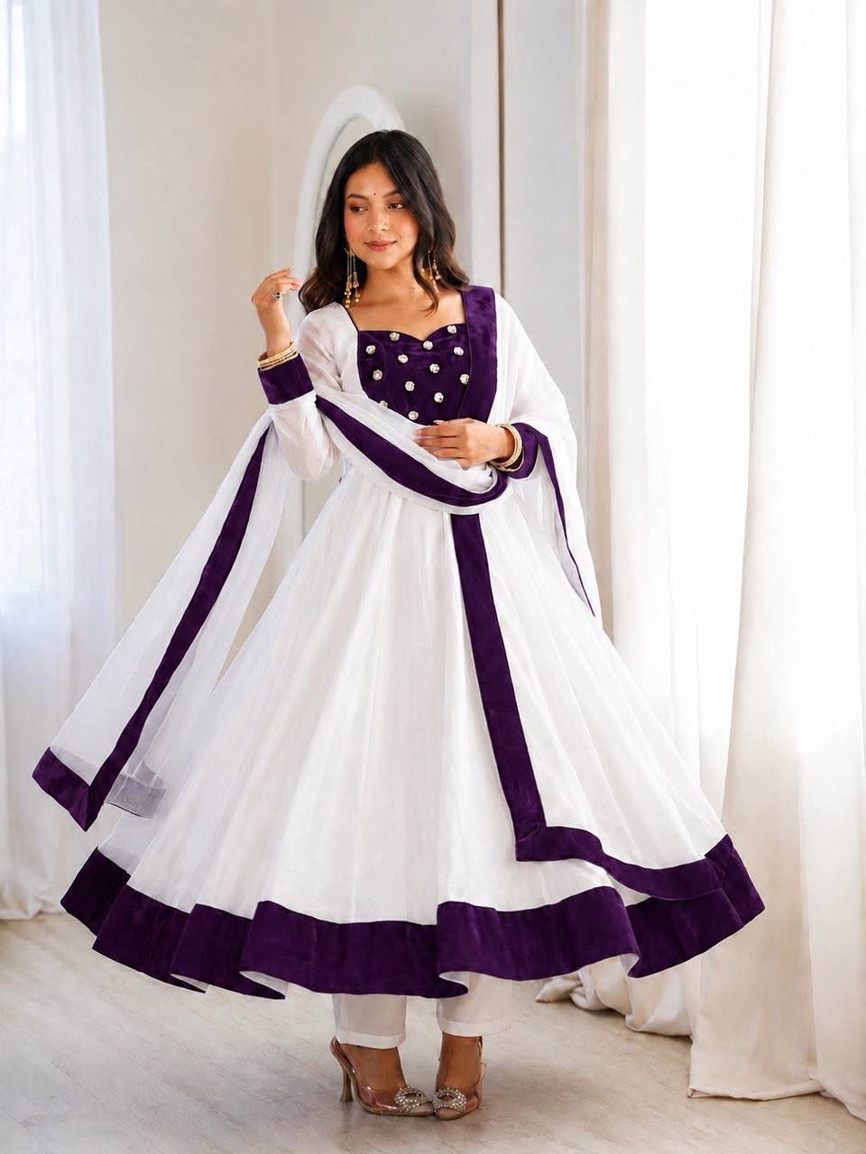 Heavy Fendy Silk Embroidered Anarkali Gown Set with Bottom & Dupatta