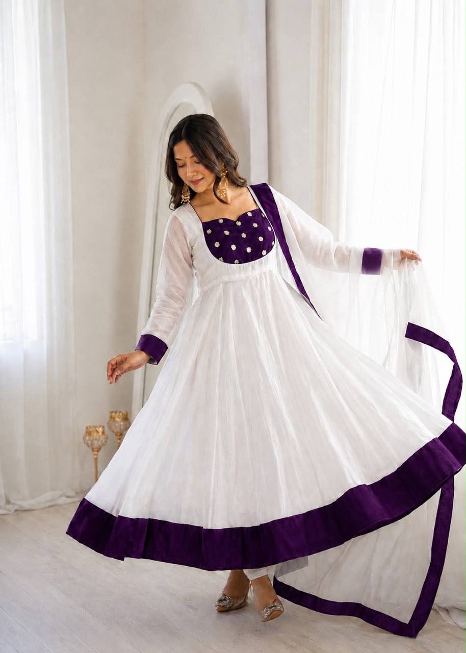 Heavy Fendy Silk Embroidered Anarkali Gown Set with Bottom & Dupatta