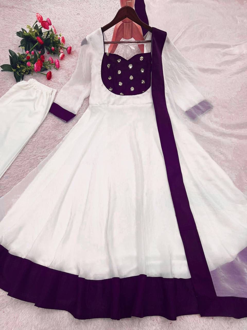 Heavy Fendy Silk Embroidered Anarkali Gown Set with Bottom & Dupatta