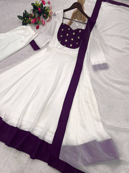 Heavy Fendy Silk Embroidered Anarkali Gown Set with Bottom & Dupatta