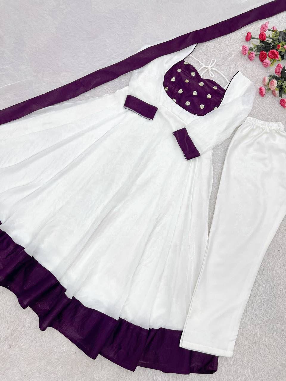 Heavy Fendy Silk Embroidered Anarkali Gown Set with Bottom & Dupatta
