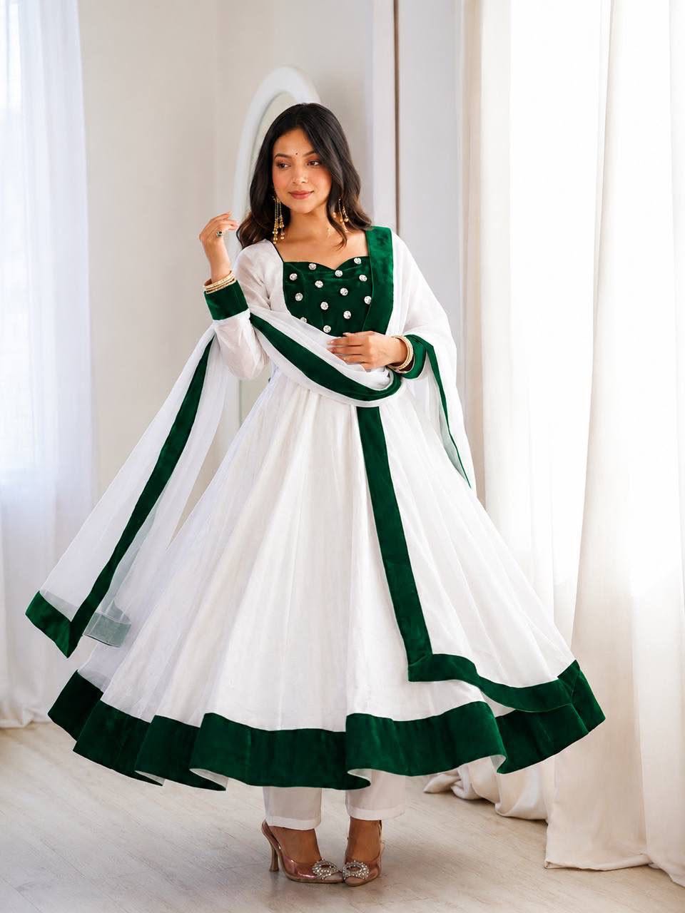 Heavy Fendy Silk Embroidered Anarkali Gown Set with Bottom & Dupatta