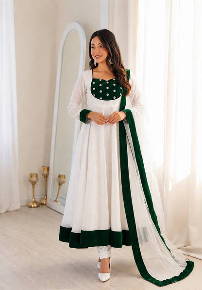 Heavy Fendy Silk Embroidered Anarkali Gown Set with Bottom & Dupatta