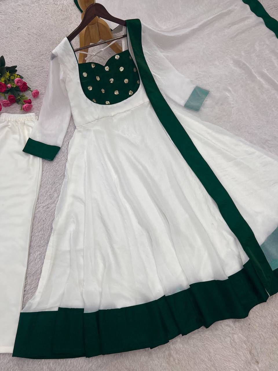 Heavy Fendy Silk Embroidered Anarkali Gown Set with Bottom & Dupatta