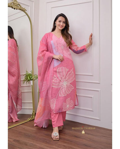 Pure Shifli Linen Cotton Suit Set with Chanderi Silk Pant & Digital Cotton Dupatta