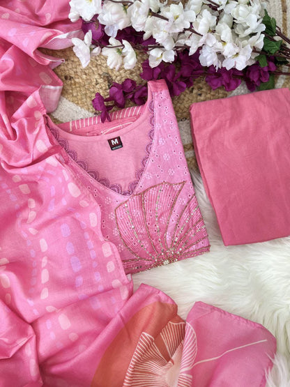 Pure Shifli Linen Cotton Suit Set with Chanderi Silk Pant & Digital Cotton Dupatta