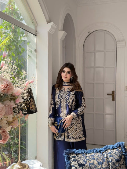 Rangoli Silk Embroidered Kurti Palazzo Set with Dupatta