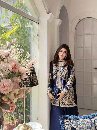 Rangoli Silk Embroidered Kurti Palazzo Set with Dupatta
