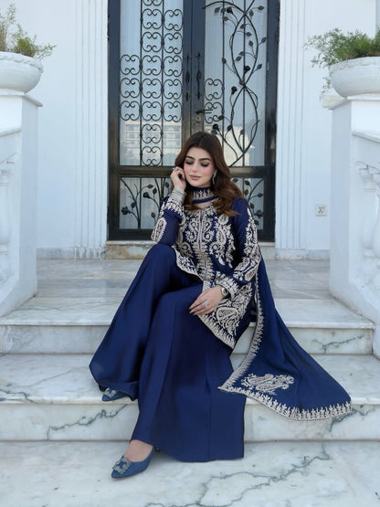 Rangoli Silk Embroidered Kurti Palazzo Set with Dupatta