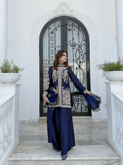 Rangoli Silk Embroidered Kurti Palazzo Set with Dupatta