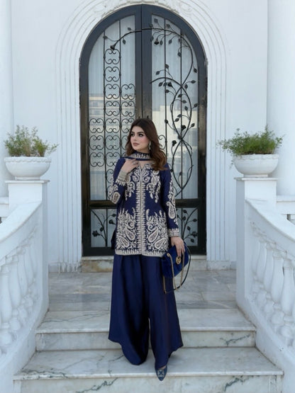 Rangoli Silk Embroidered Kurti Palazzo Set with Dupatta