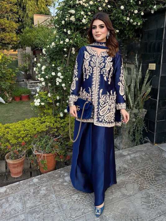 Rangoli Silk Embroidered Kurti Palazzo Set with Dupatta