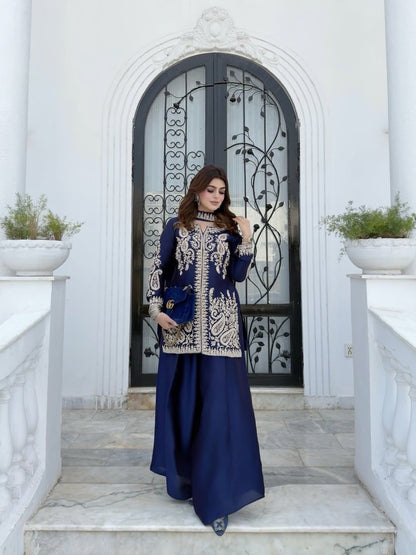 Rangoli Silk Embroidered Kurti Palazzo Set with Dupatta