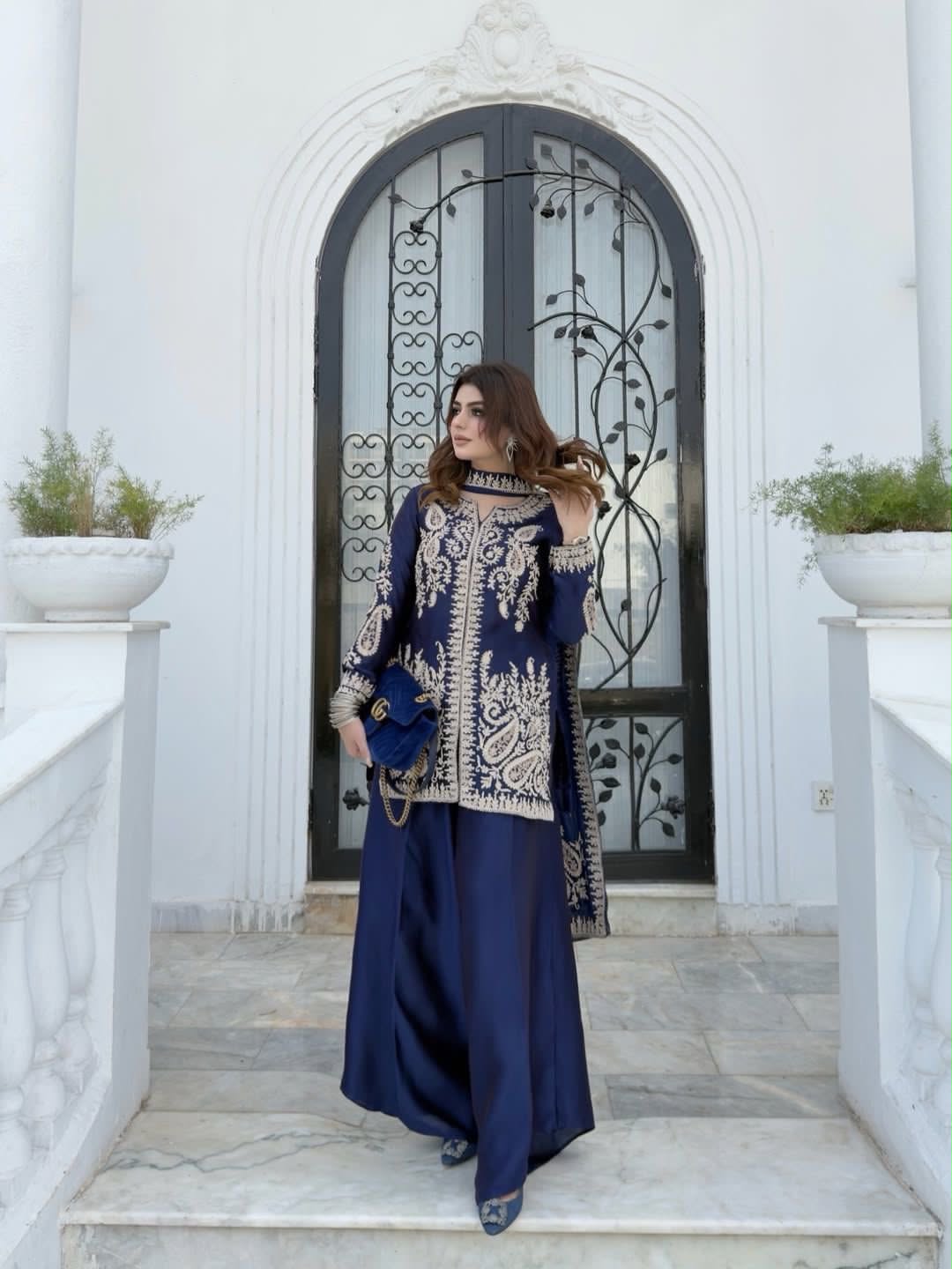 Rangoli Silk Embroidered Kurti Palazzo Set with Dupatta
