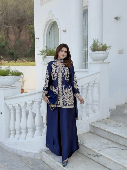 Rangoli Silk Embroidered Kurti Palazzo Set with Dupatta