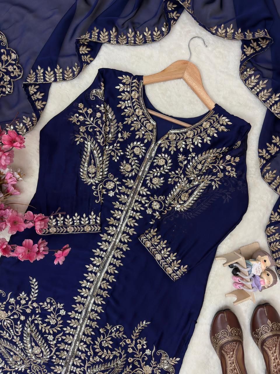 Rangoli Silk Embroidered Kurti Palazzo Set with Dupatta