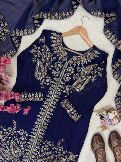 Rangoli Silk Embroidered Kurti Palazzo Set with Dupatta