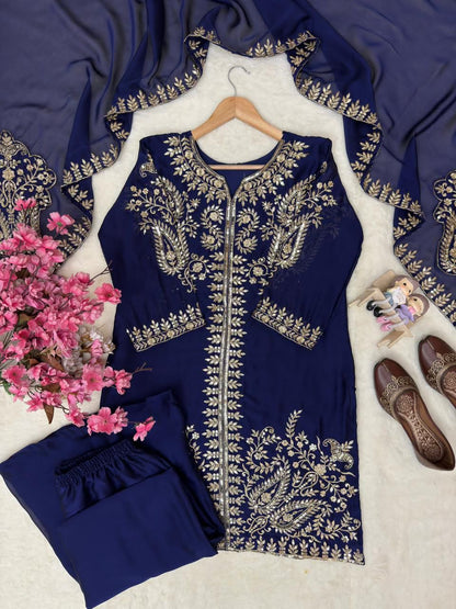 Rangoli Silk Embroidered Kurti Palazzo Set with Dupatta