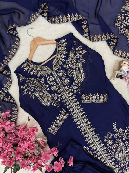 Rangoli Silk Embroidered Kurti Palazzo Set with Dupatta