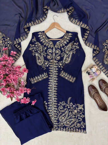 Rangoli Silk Embroidered Kurti Palazzo Set with Dupatta