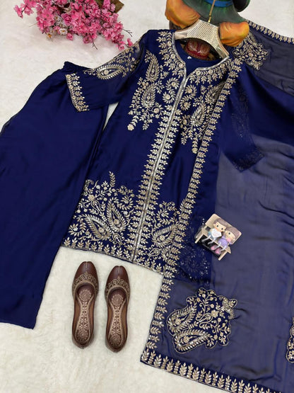 Rangoli Silk Embroidered Kurti Palazzo Set with Dupatta