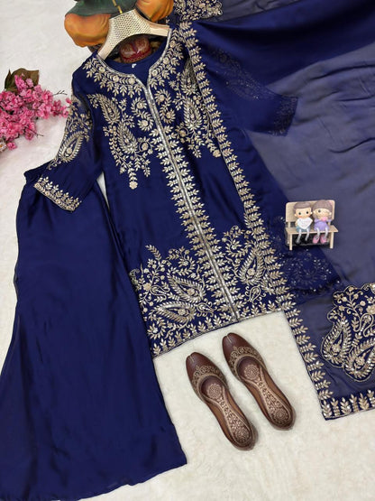Rangoli Silk Embroidered Kurti Palazzo Set with Dupatta