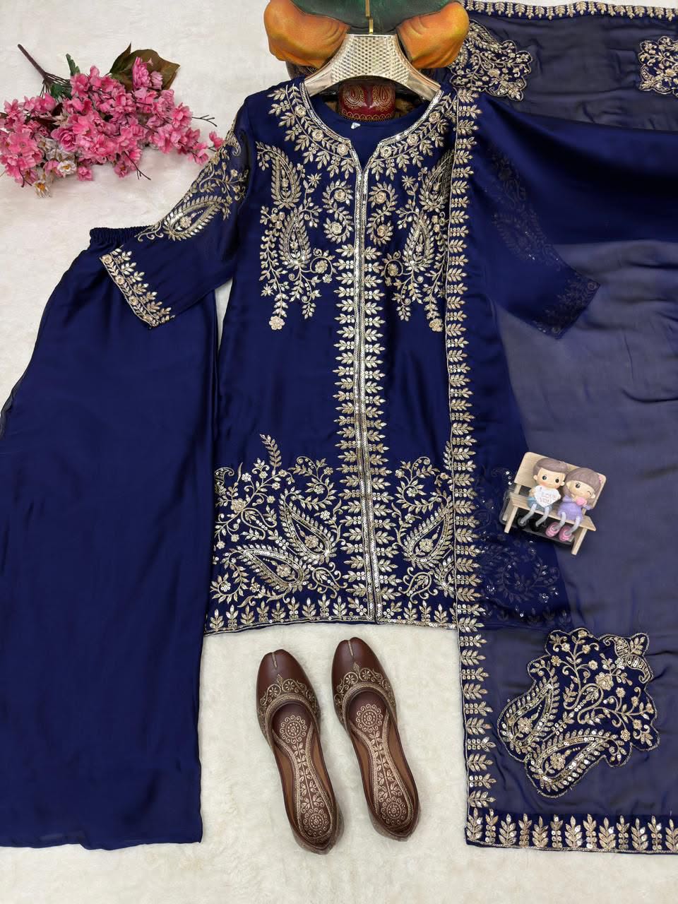 Rangoli Silk Embroidered Kurti Palazzo Set with Dupatta
