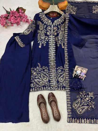 Rangoli Silk Embroidered Kurti Palazzo Set with Dupatta