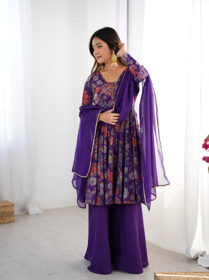 Pure Roman Silk Chanderi Printed Kediya Kurta Set with Palazzo & Organza Dupatta