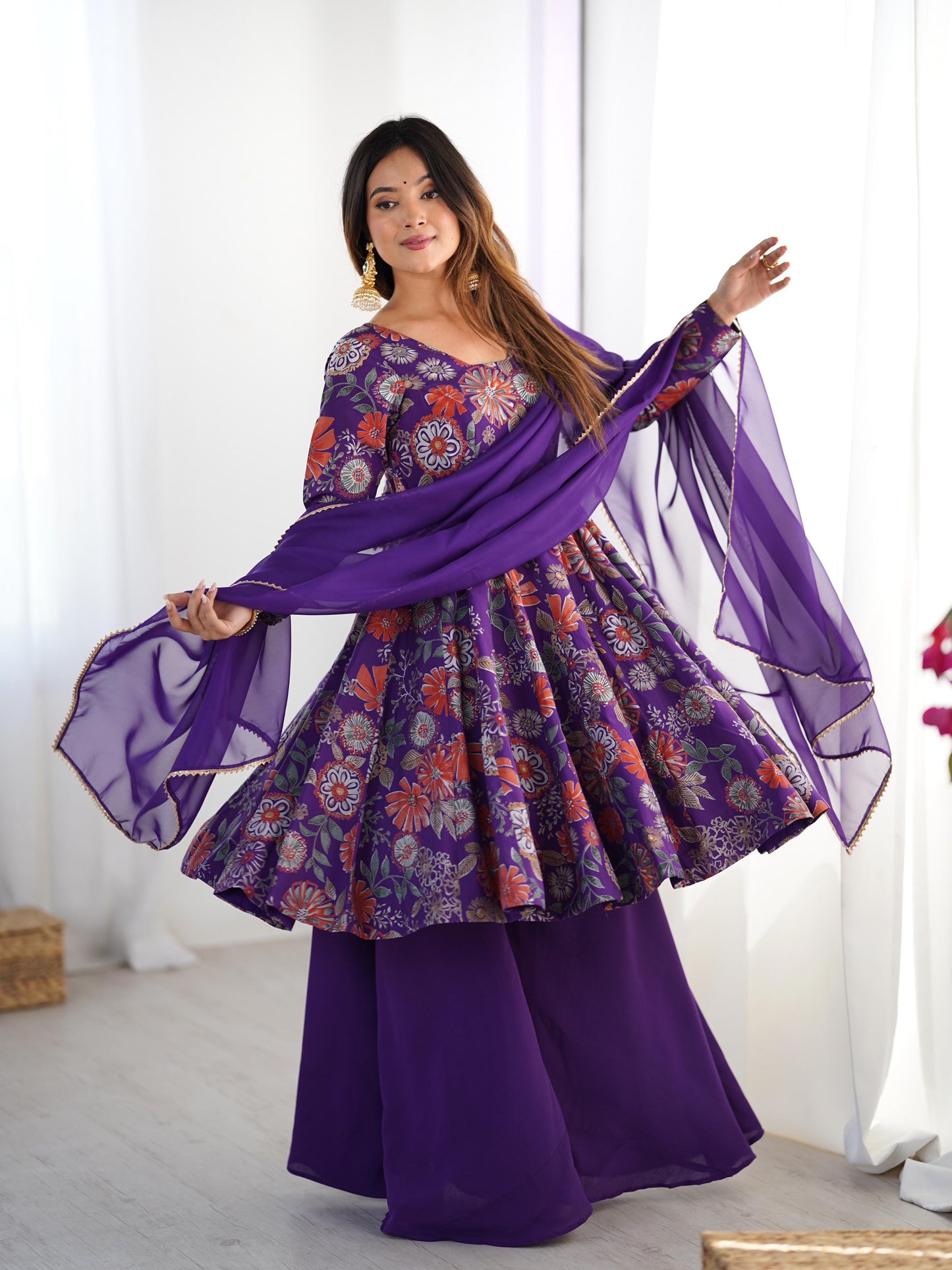 Pure Roman Silk Chanderi Printed Kediya Kurta Set with Palazzo & Organza Dupatta