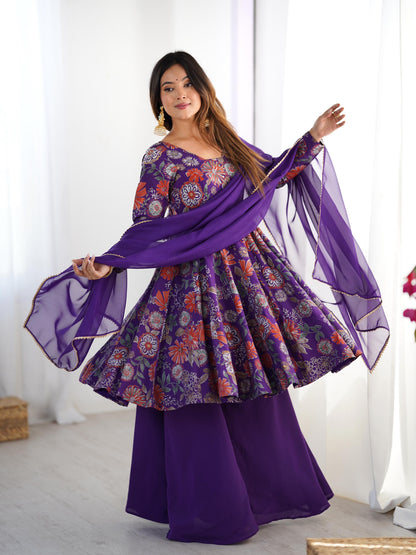 Pure Roman Silk Chanderi Printed Kediya Kurta Set with Palazzo & Organza Dupatta