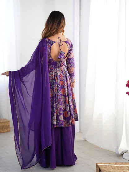 Pure Roman Silk Chanderi Printed Kediya Kurta Set with Palazzo & Organza Dupatta