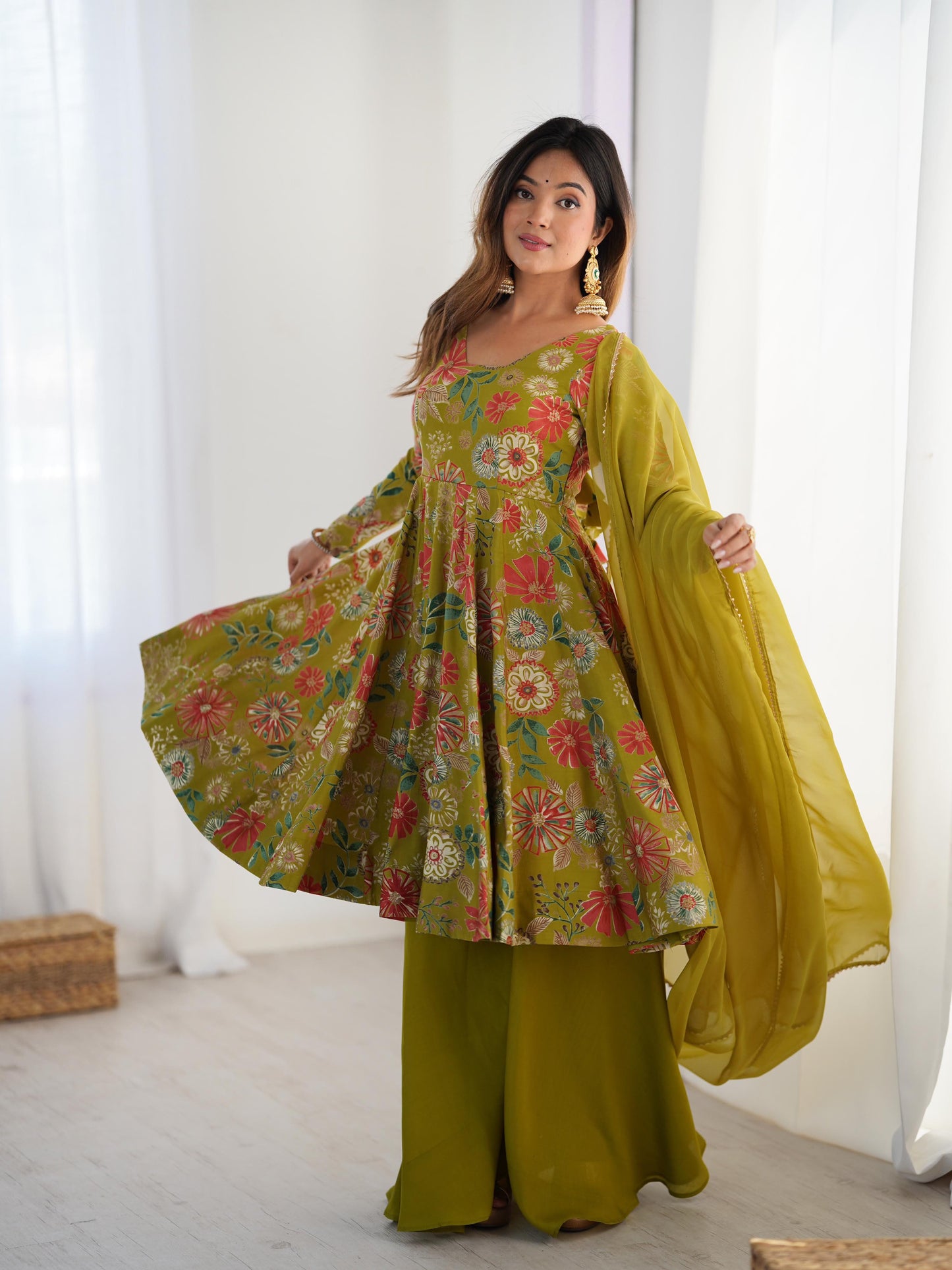 Pure Roman Silk Chanderi Printed Kediya Kurta Set with Palazzo & Organza Dupatta