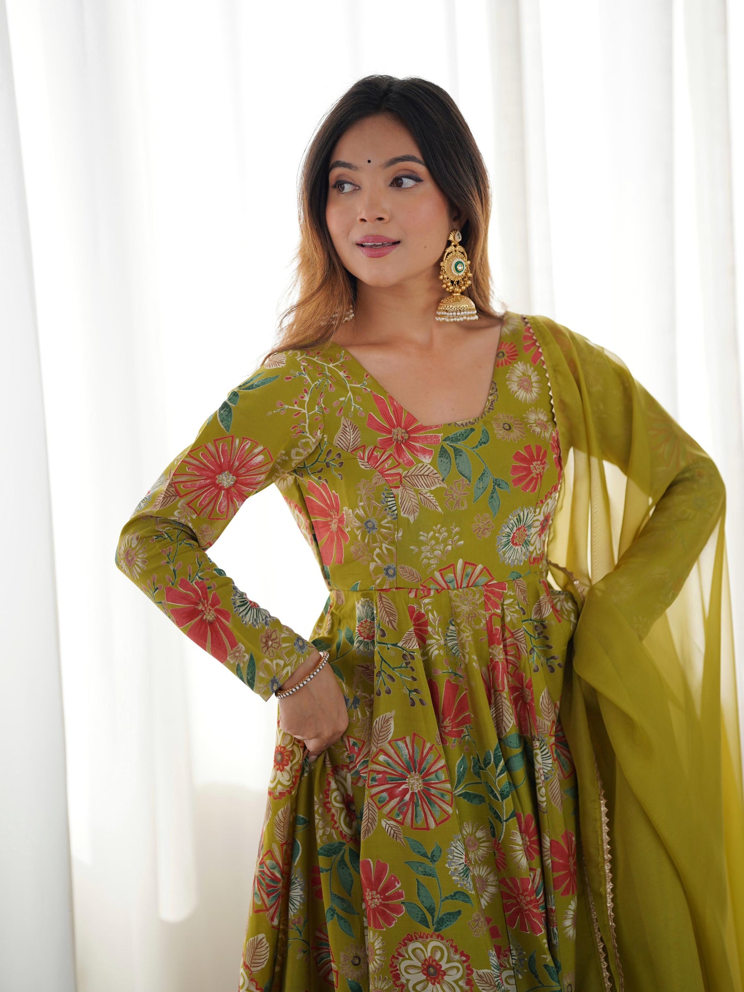 Pure Roman Silk Chanderi Printed Kediya Kurta Set with Palazzo & Organza Dupatta