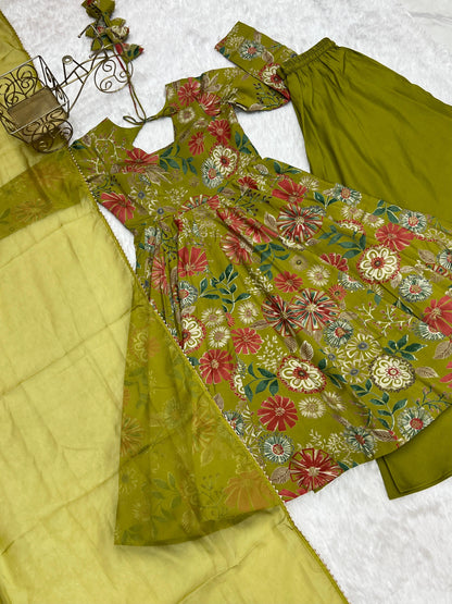 Pure Roman Silk Chanderi Printed Kediya Kurta Set with Palazzo & Organza Dupatta