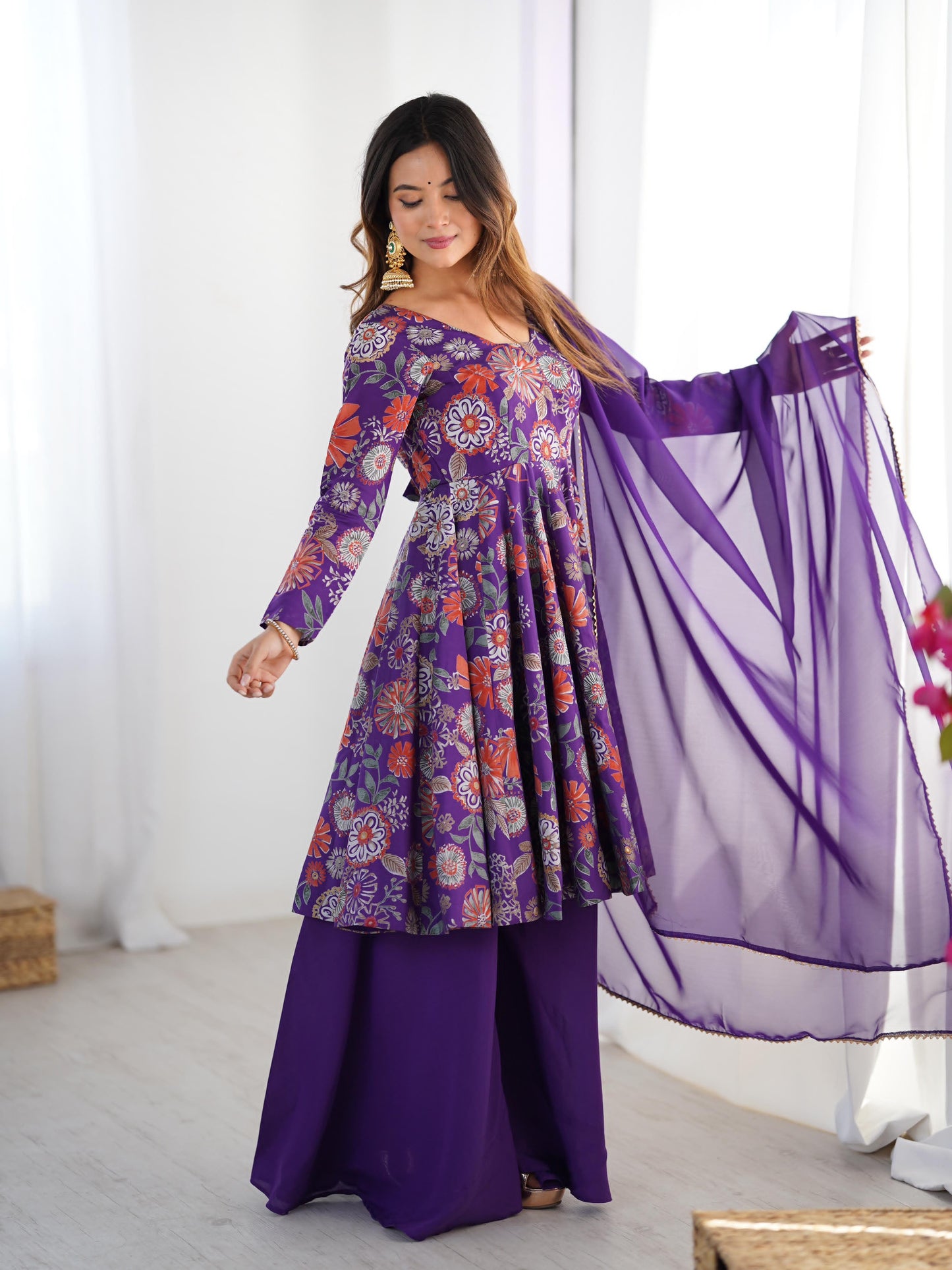 Pure Roman Silk Chanderi Printed Kediya Kurta Set with Palazzo & Organza Dupatta