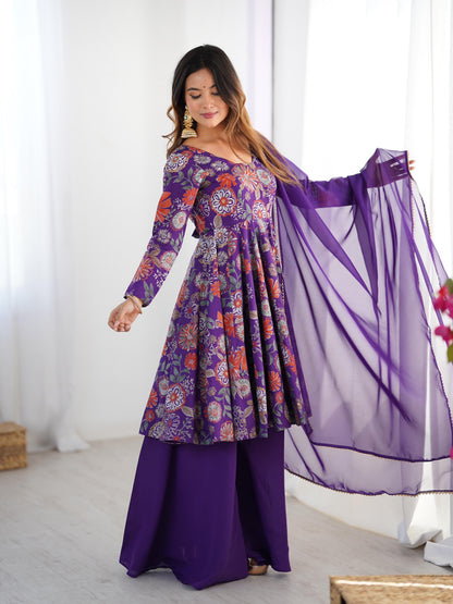 Pure Roman Silk Chanderi Printed Kediya Kurta Set with Palazzo & Organza Dupatta