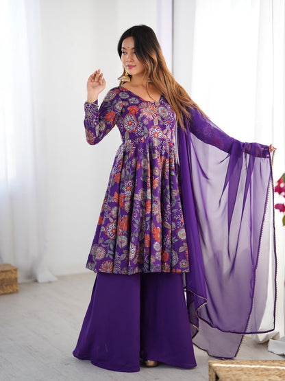 Pure Roman Silk Chanderi Printed Kediya Kurta Set with Palazzo & Organza Dupatta