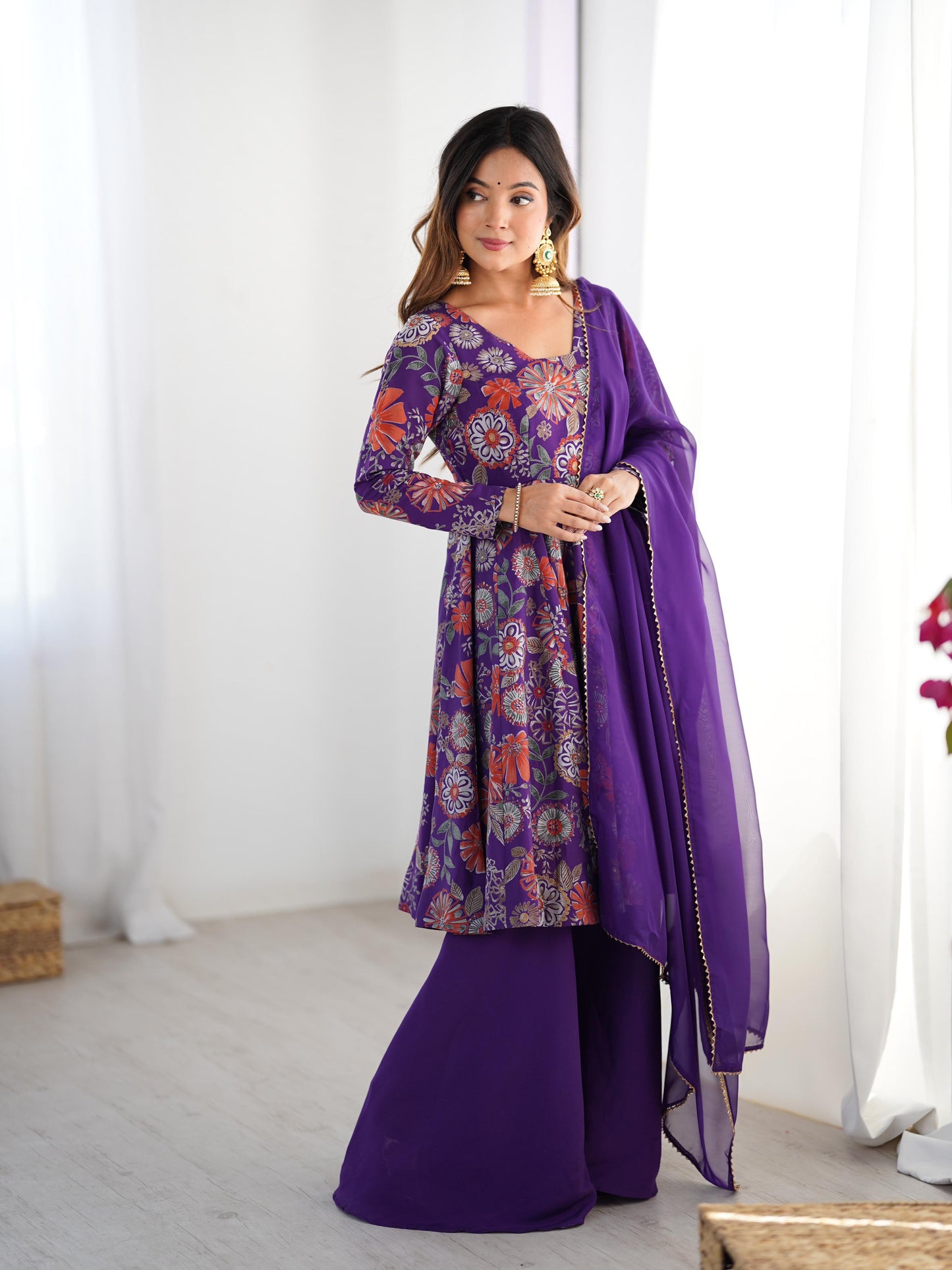 Pure Roman Silk Chanderi Printed Kediya Kurta Set with Palazzo & Organza Dupatta